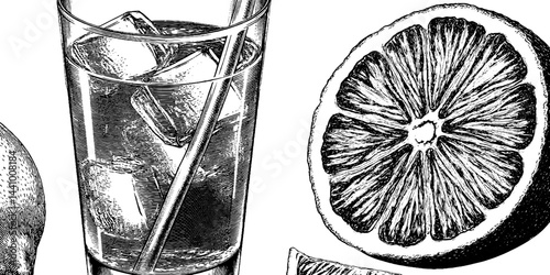 Engraved artistic depiction of long island iced tea with citrus accents
