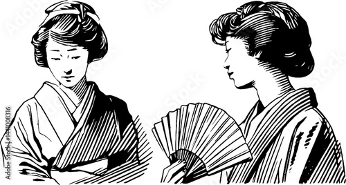 Traditional japanese women in engraved style with fan and kimono for cultural poster design