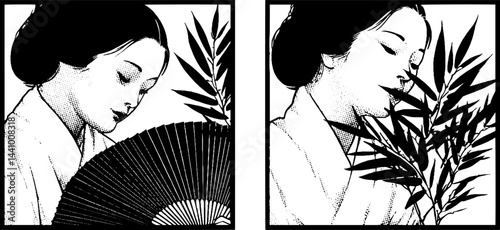 Traditional japanese woman with fan and bamboo - engraved art set