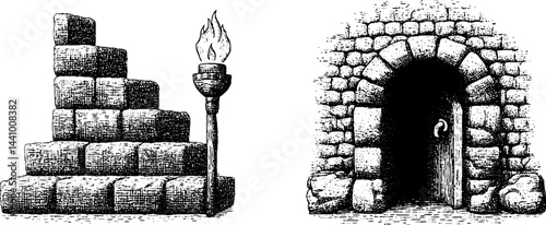 Intricate engraved illustrations of roguelike dungeon elements for artistic design