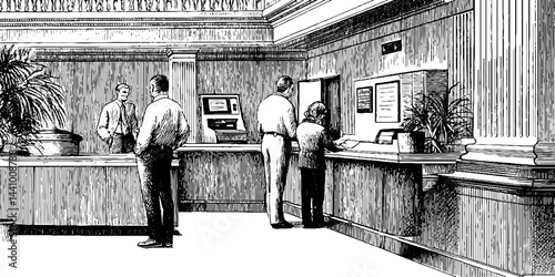 Vintage banking hall scene with queue in engraved illustration style for historical design projects