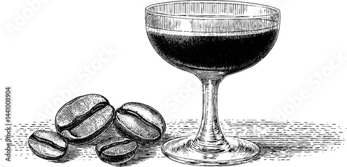 Elegant espresso martini engraving with coffee beans for classic beverage art and design