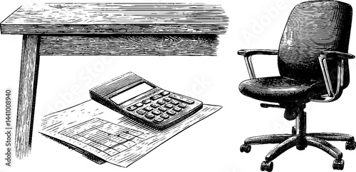 Engraved illustration set featuring accountant tools and office scenes