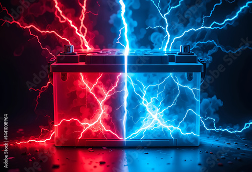 A dynamic image of a battery split into red and blue halves, emitting vibrant lightning bolts. The contrasting colors create an electrifying effect, symbolizing power and energy.