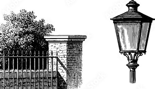 Vintage architectural elements featuring engraved sky lantern and ornate fence design