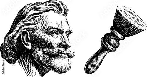 Vintage engraving of grandpa with shaving brush for grooming and personal care design