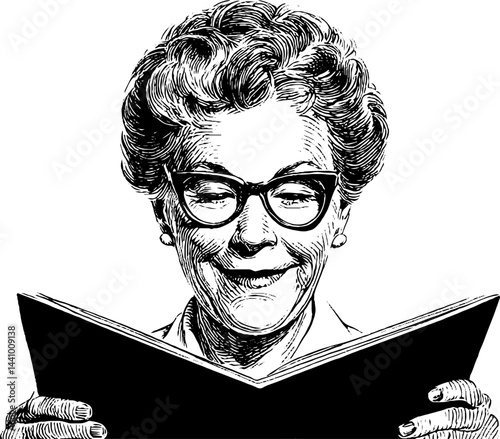 Vintage engraved illustration of elderly woman reading a book for nostalgic design usage