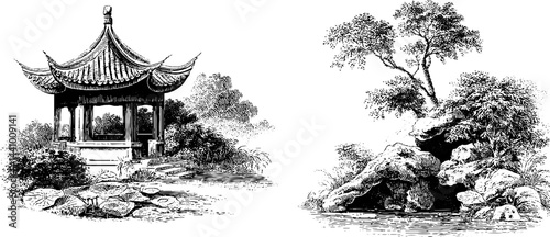 Vintage engraved illustration of tea pavilion and tranquil lotus pond scene