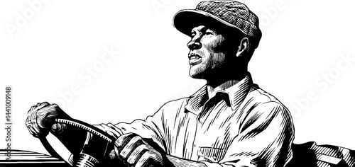 Engraved illustration of a farmer driving vintage tractor for rustic design and print