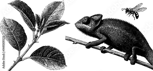 Intricate engraved illustration of chameleon on branch with leaves and insect