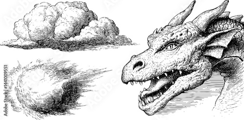 Engraved dragon and cloud illustration set for mythical and fantasy themes