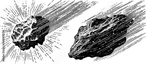 Engraved artwork of asteroids and meteors for science and education design
