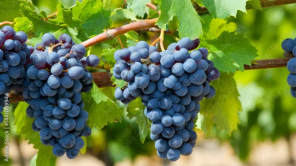Freshly ripened grapes hanging on vines in a sunlit vineyard during the harvest season in late summer Freshly ripened grapes hanging on vines in a sunlit vineyard during the harvest season in late summer
