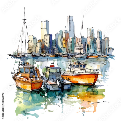 illustration of Urban Waterfront With Boats, watercolor vector, isolated on a white background.