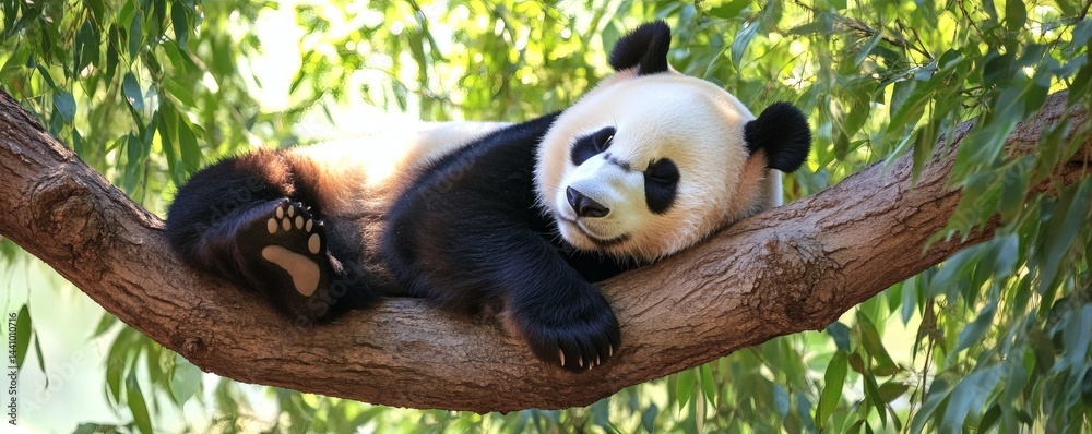 Fototapeta premium Relaxed giant panda resting in a tree.