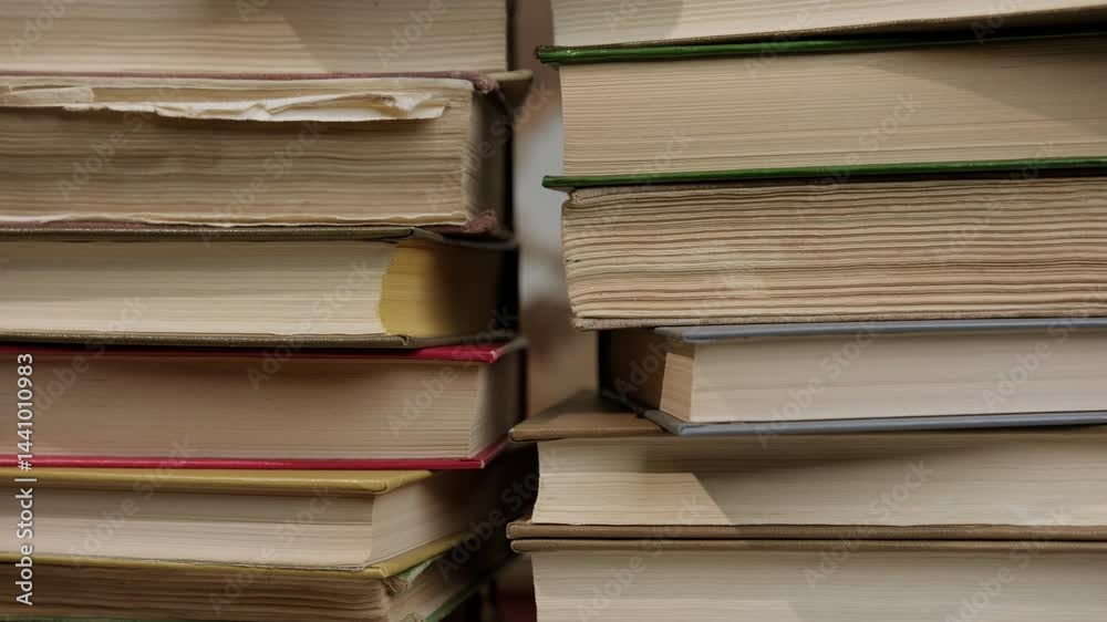 Stacks of books on desk in office close-up