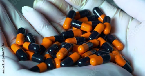 Pharmaceutical Capsule pills tablets being manufactured by a machine. automatic medicine tablet making machine. Production line at a pharmaceutical factory. close up machine medical tablets coming out