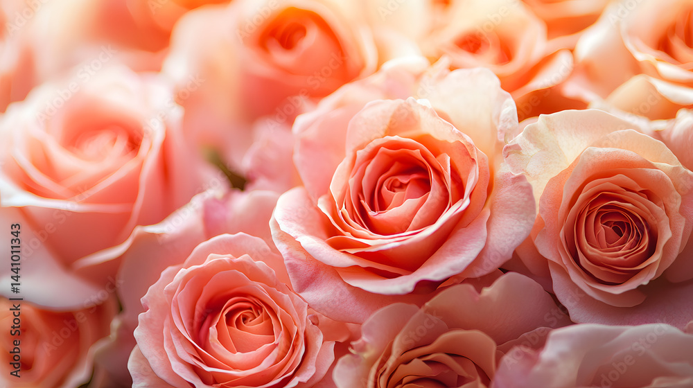 Floral Whispers: A close-up shot of delicate peach-colored roses in full bloom, their soft petals hinting at a serene and romantic atmosphere.