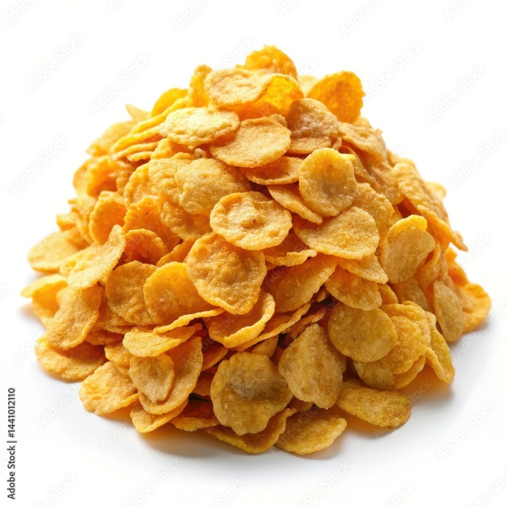 Heap Of Golden Cornflakes Cereal On A White Background Breakfast Concept Heap Of Golden Cornflakes Cereal On A White Background Breakfast Concept