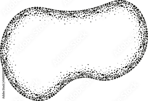 Abstract shape inspired by an amoeba, featuring soft curves and a rough-textured border resembling scattered grains or small stones.