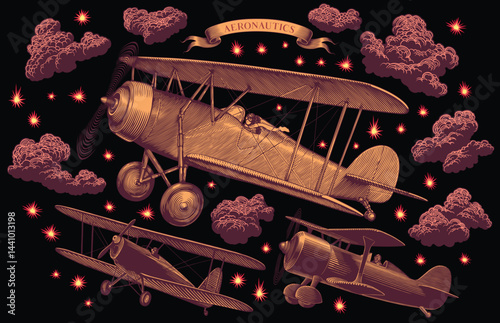 Vintage airplanes in the sky. Design set. Editable hand drawn illustration. Vector vintage engraving. Isolated on black background. 8 EPS