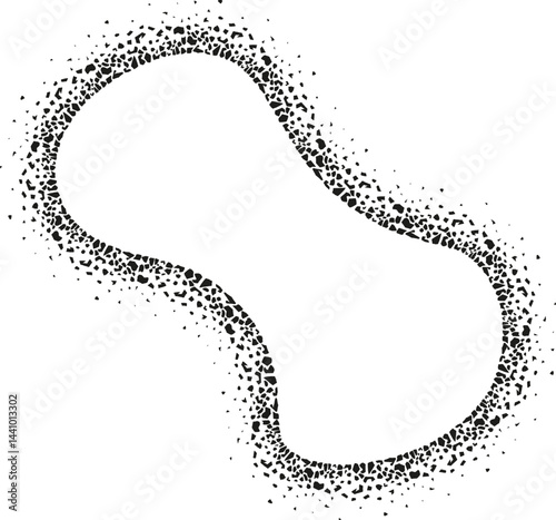 Blob-like abstract shape with smooth edges and a textured granular contour reminiscent of scattered pebbles and rough stone.