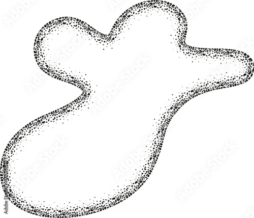 Abstract asymmetrical shape with flowing curves and a textured grainy border, resembling organic formations and scattered pebbles.