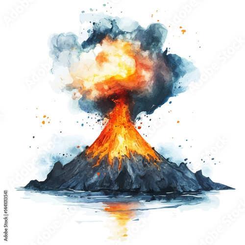 watercolor of Underwater Volcano Erupting, vector, isolated on a white background.