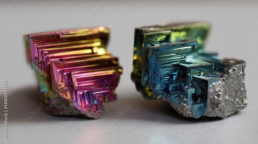 Lab-grown bismuth and natural bismuth specimens display distinct colors and structures side by side