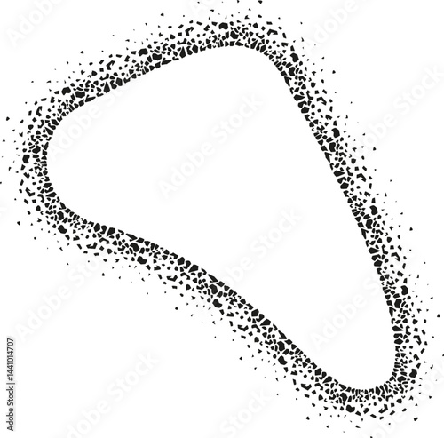 Uneven organic abstract shape with natural flowing contours and a rough textured border inspired by pebbles and dust.