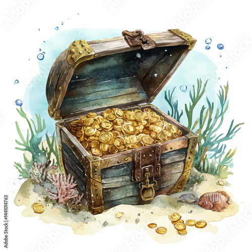 watercolor of Underwater Treasure Chest Surrounded By Gold, isolated on a white background.