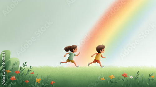 Two children joyfully running under a rainbow in a colorful field  