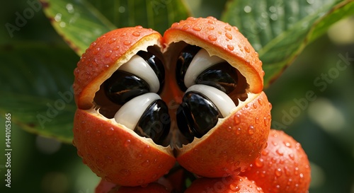 The opened guarana fruit displays black and white seeds, with water droplets on the skin.