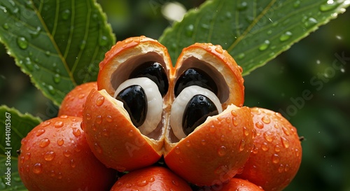 A macro shot of an open guarana fruit displaying its seeds and water droplets. photo
