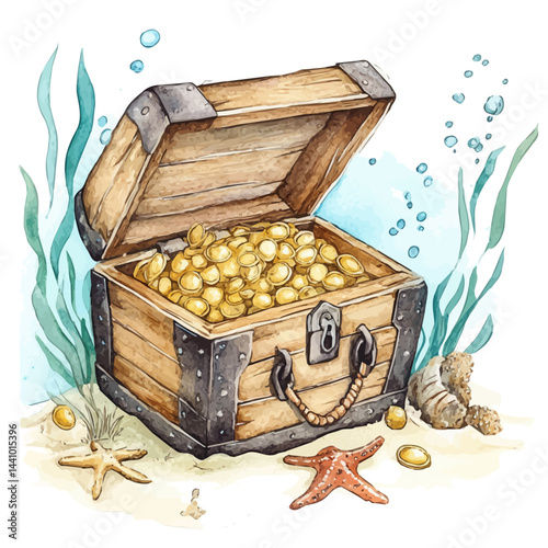 watercolor of Underwater Treasure Chest Surrounded By Gold, isolated on a white background.