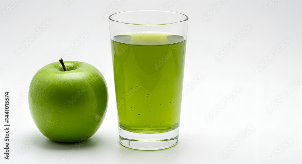 A vibrant green apple and a glass of apple juice sit together on a white backdrop. A vibrant green apple and a glass of apple juice sit together on a white backdrop.