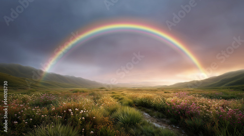 Serene landscape with rainbow arching over vibrant flowers  
