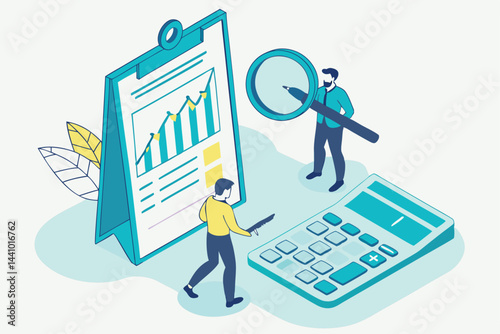 Isometric Business Analysis Illustration: Data Review, Financial Calculations, and Economic Research with Magnifying Glass and Graph.
