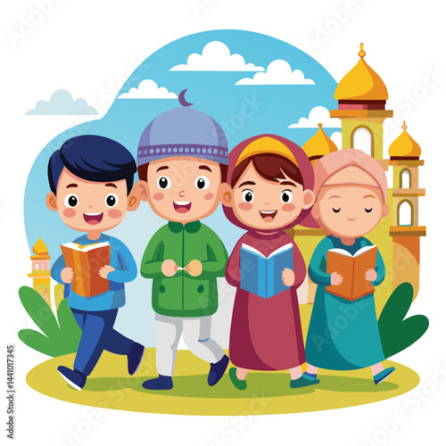 Children Reading Religious Texts Near a Mosque