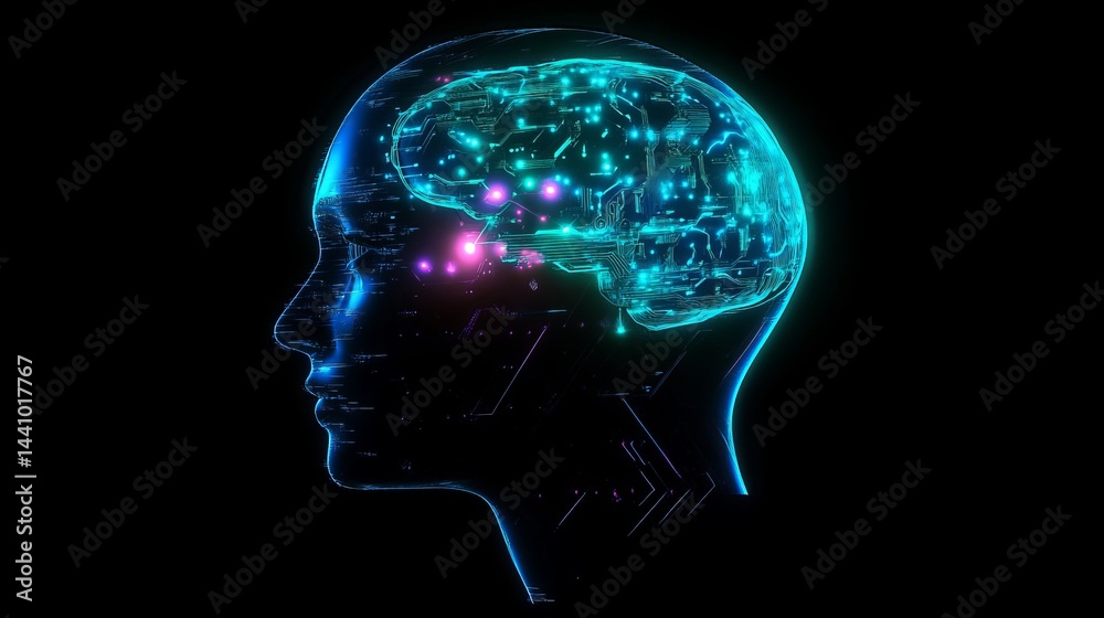 Obraz premium Digital Human Brain Artificial Intelligence Circuitry Neural Network Technology Futuristic Abstract Design Glowing Lines Bright Blue Neon Purple Pink Cybernetic Mind Concept Innovation data idea power