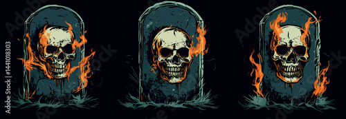 Gravestones with skulls, flames, and sarcastic phrases, designed for Halloween or horror themes- 