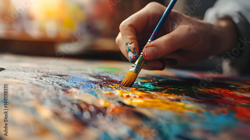A bright art therapy space where individuals are using vibrant colors and energetic strokes to channel their emotions and achieve mental clarity.