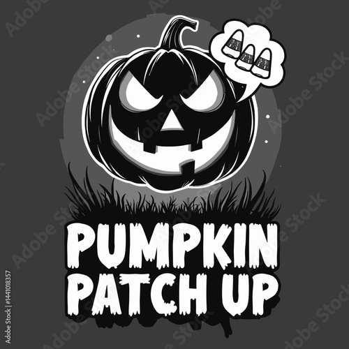 High-Contrast Black-and-White Spooky Jack-o’-Lantern Vector Art with Candy Corn Thought Bubble - PUMPKIN PATCH UP

