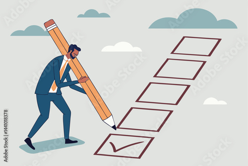 Businessman completing tasks on a checklist, symbolizing success, achievements, career growth, and future planning in a minimalist style.