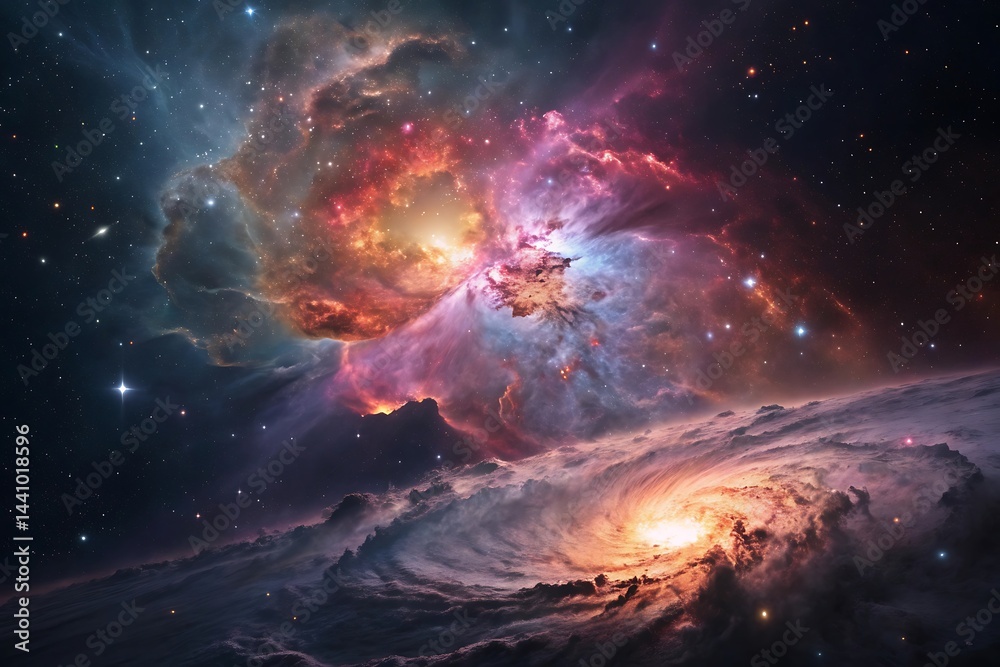 Fototapeta premium Celestial Tapestry: A vibrant and expansive view of the cosmos, where nebulas swirl and stellar formations explode with color and light.