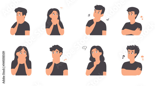 Pensive People Set: Men and women in thinking or problem-solving poses  - 