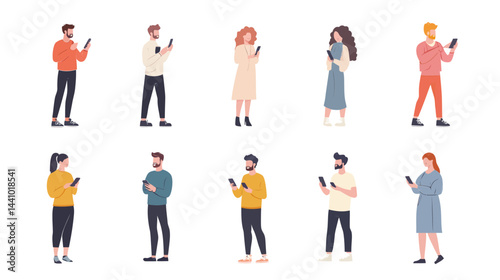 People on Phones Set: Men and women holding smartphones, browsing and gesturing  - 