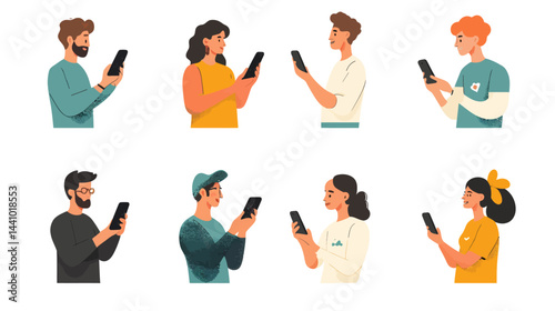 People on Phones Set: Men and women holding smartphones, browsing and gesturing  - 