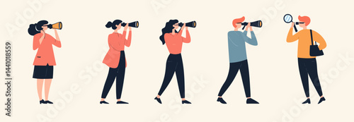 People with binoculars and magnifying glasses, searching for opportunities as  elements- 