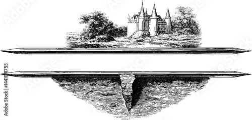 Engraved illustration of castle with moat and medieval fortification design